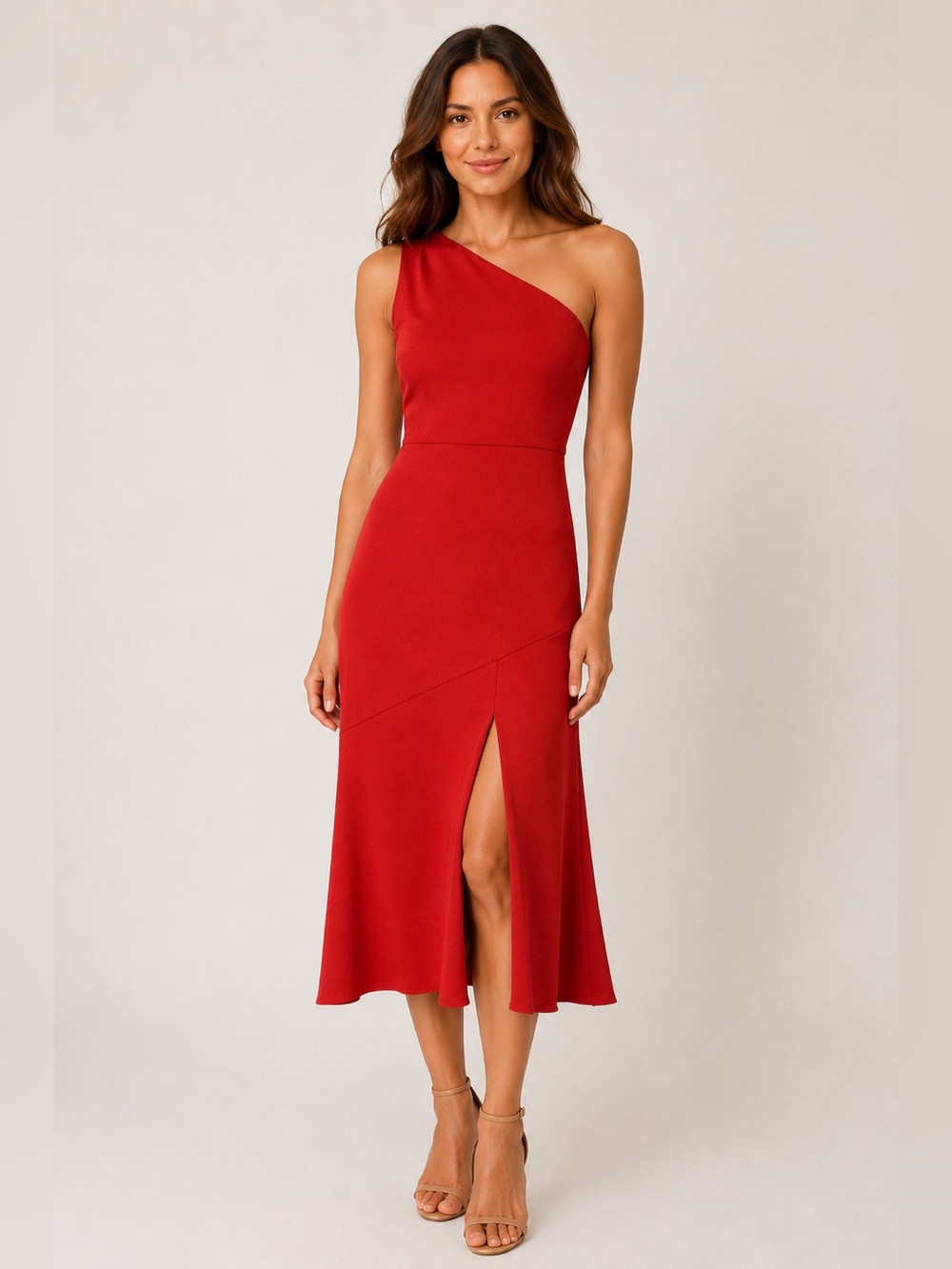 Sam Edelman One Shoulder Midi Dress Red Orange Asymmetrical Cocktail Party Dress